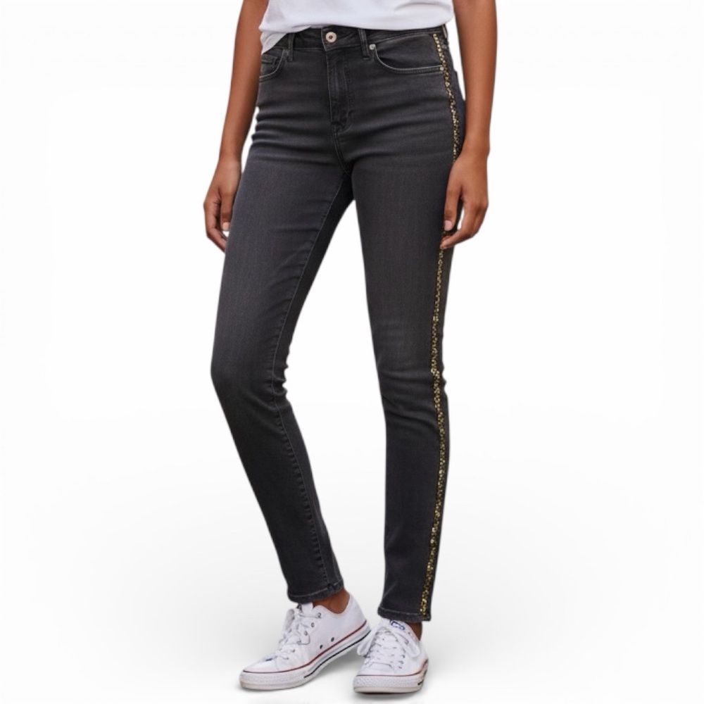 ZARA Gray Skinny Jeans with Embellished Glitter Side Stripe